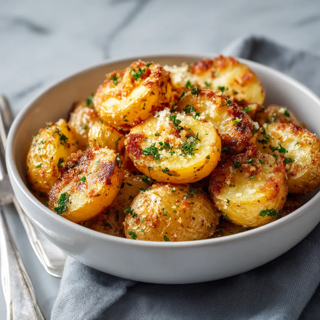 A batch of garlic parmesan roasted potatoes spread on a baking sheet, fresh out of the oven.