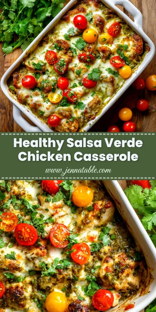 A delicious and cheesy Salsa Verde Chicken Casserole baked in a white dish, garnished with fresh cilantro. The perfect easy weeknight dinner recipe.