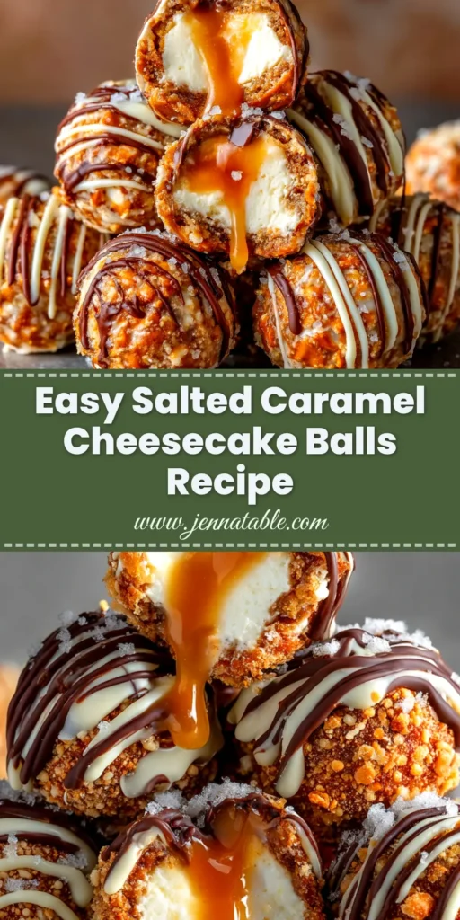 Salted Caramel Pretzel Cheesecake Balls (The Ultimate Recipe) 3 A platter of Salted Caramel Pretzel Cheesecake Balls, with one cut in half to show the gooey caramel center. The perfect no-bake dessert recipe for a party.