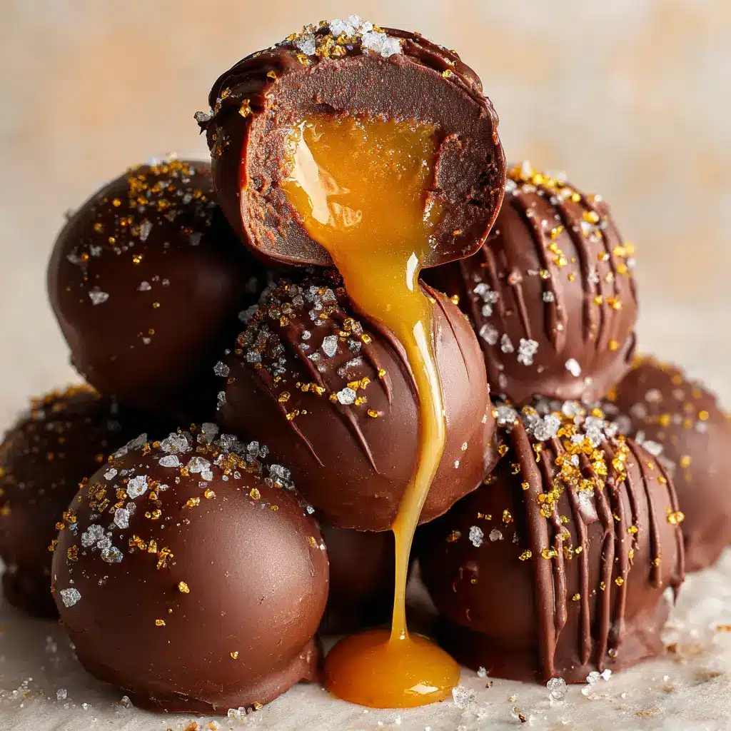 Salted Caramel Truffles: An Easy & Foolproof Recipe 2 A close-up of a dark chocolate salted caramel truffle cut in half, revealing the gooey, golden caramel filling inside.