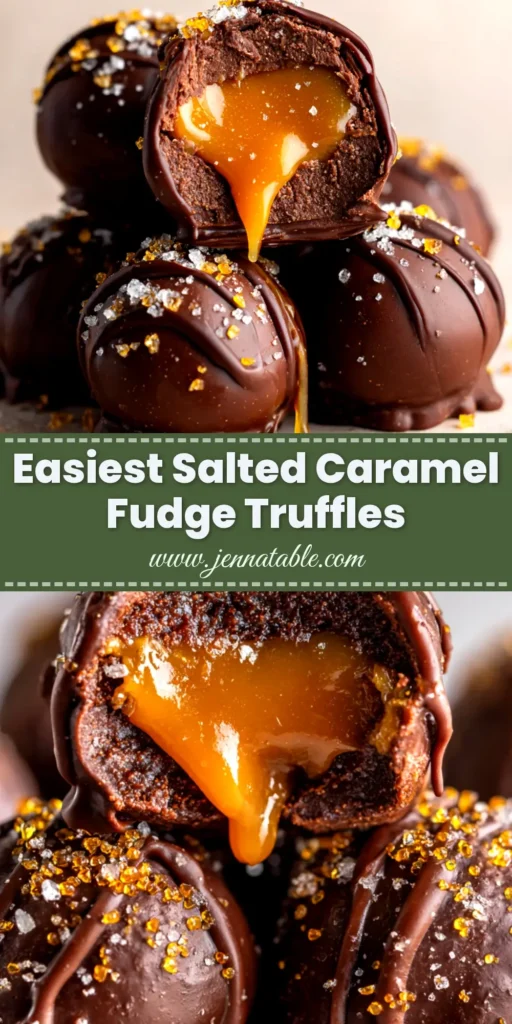 Salted Caramel Truffles: An Easy & Foolproof Recipe 4 A beautiful overhead shot of homemade salted caramel truffles on a dark surface, sprinkled with flaky sea salt. A text overlay reads 'Easy Salted Caramel Truffles Recipe'.