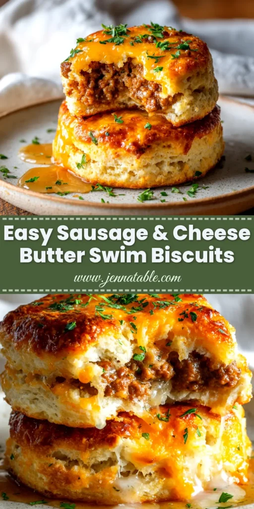 A pan of golden brown Sausage and Cheese Butter Swim Biscuits, with one biscuit broken open to show the fluffy interior filled with sausage and melted cheese.
