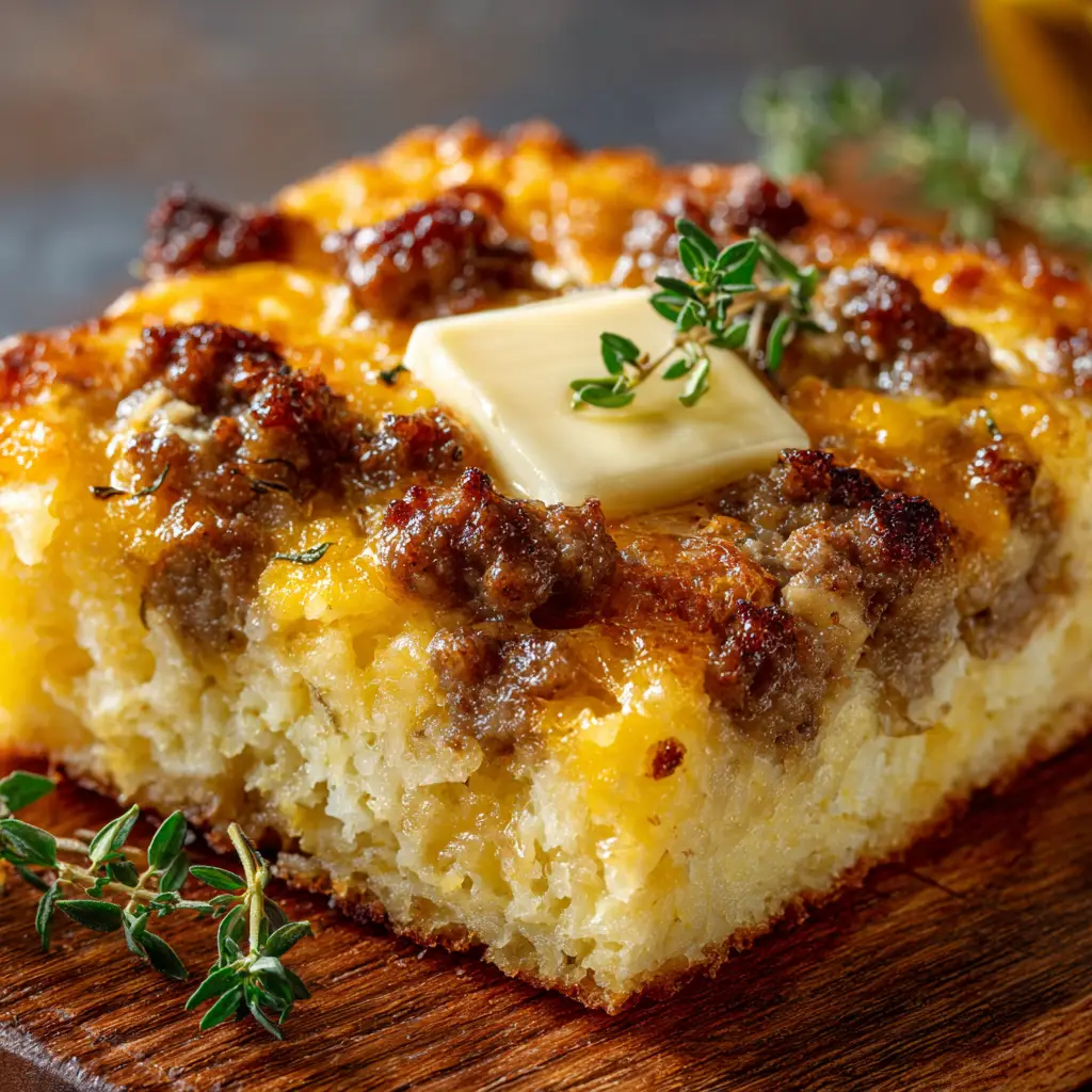 Sausage Cheese Sheet Pan Pancakes: The Easiest Brunch Ever 1 A savory pancake square on a plate, drizzled with maple syrup to show the perfect sweet and savory combination.