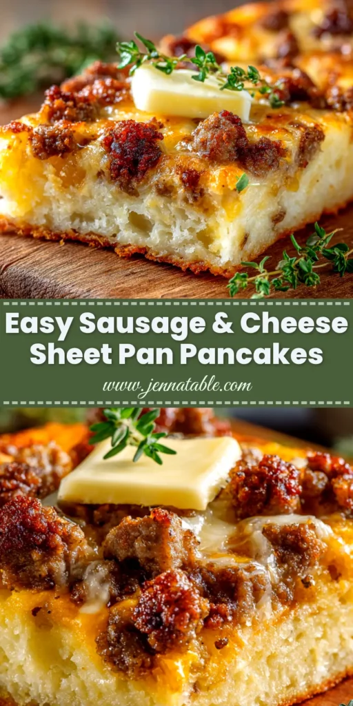 Sausage Cheese Sheet Pan Pancakes: The Easiest Brunch Ever 4 Sausage Cheese Sheet Pan Pancakes cut into squares on the baking sheet, showcasing the golden-brown top with melted cheddar and savory sausage. The ultimate easy breakfast for a crowd.