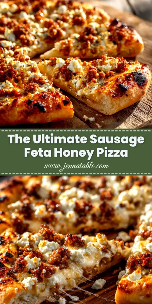 Sausage Feta Honey Pizza drizzled with hot honey on a wooden board. The perfect sweet and savory pizza recipe for an easy dinner.