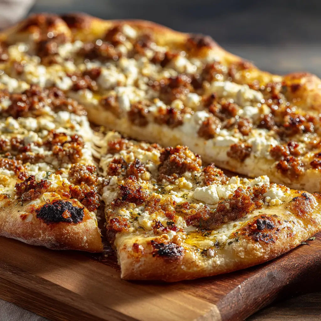 A close-up slice of Sausage Feta Honey Pizza on a spatula, showcasing the toppings.