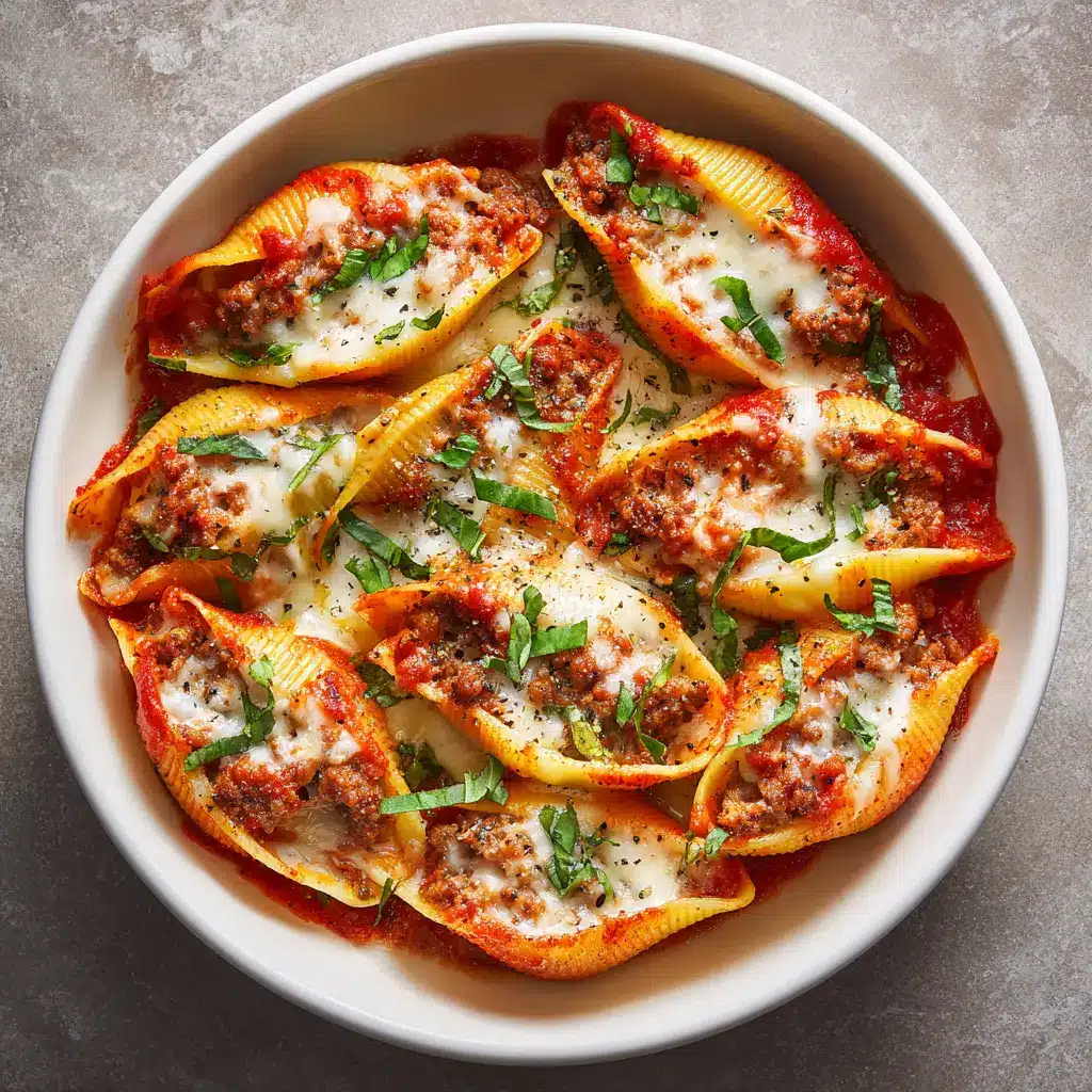 A single serving of cheesy baked sausage stuffed shells on a white plate, showing the creamy ricotta filling inside a shell.