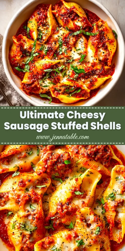 A close-up overhead shot of a baking dish filled with cheesy baked sausage stuffed shells, garnished with fresh parsley. This image is for a sausage stuffed shells recipe.
