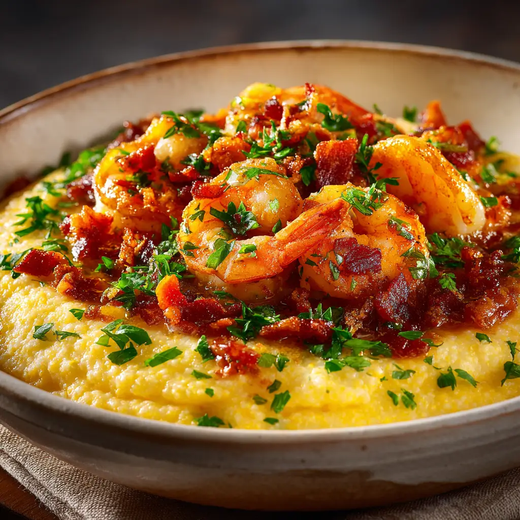 Shrimp and Grits Recipe: The Ultimate Southern Classic 1 Savory Cajun shrimp sizzling in a skillet with bacon and garlic for the shrimp and grits recipe.