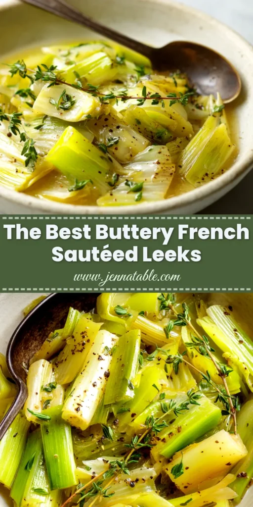 A top-down view of buttery sautéed leeks in a rustic black skillet, garnished with fresh thyme. The perfect simple side dish.