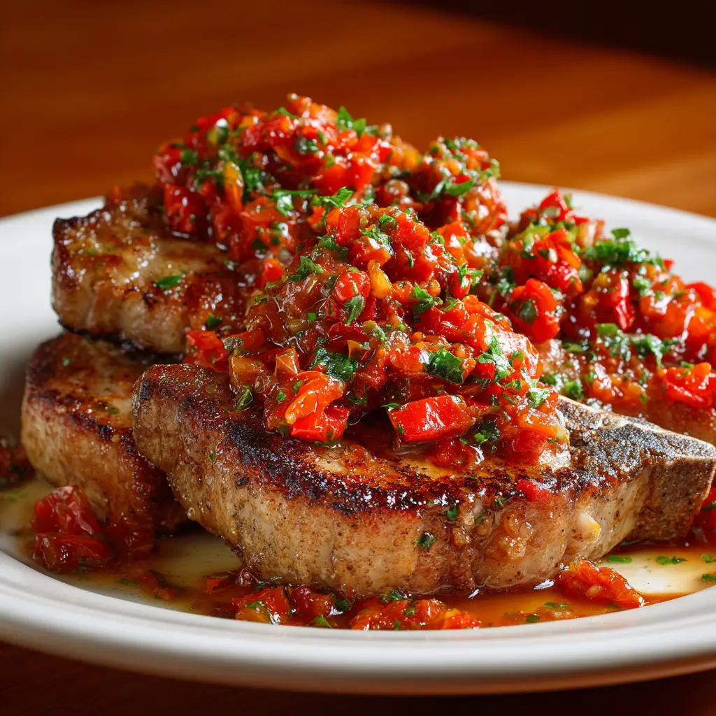 Sautéing sliced bell peppers and onions in a skillet for the Sicilian pork chops sauce.