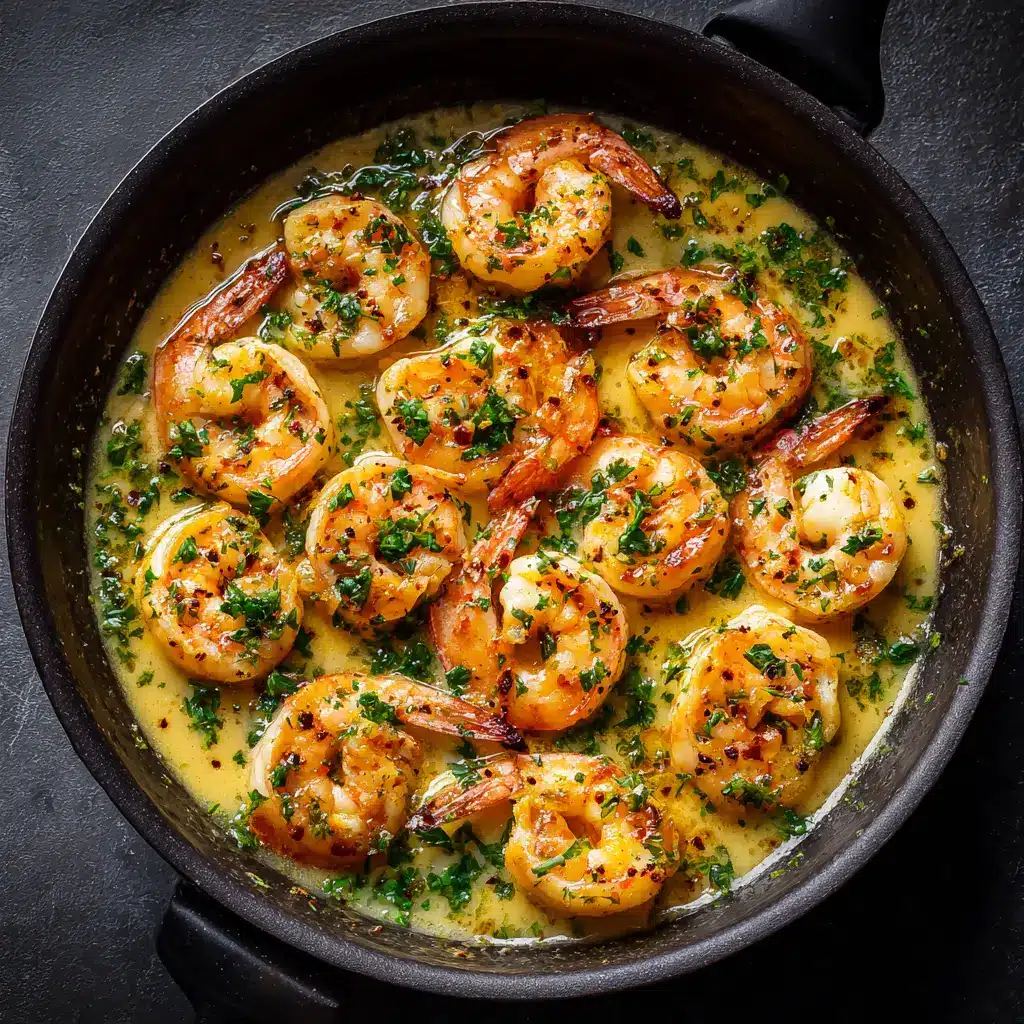 An overhead shot of juicy shrimp being sautéed with garlic in a hot skillet.