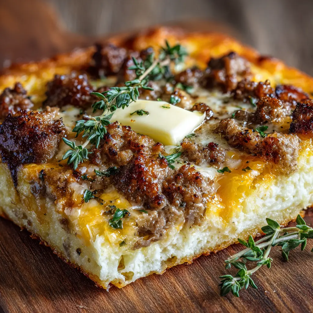 An extreme close-up of a square slice of savory sheet pan pancake, showing the fluffy texture, melted cheese, and bits of cooked sausage.