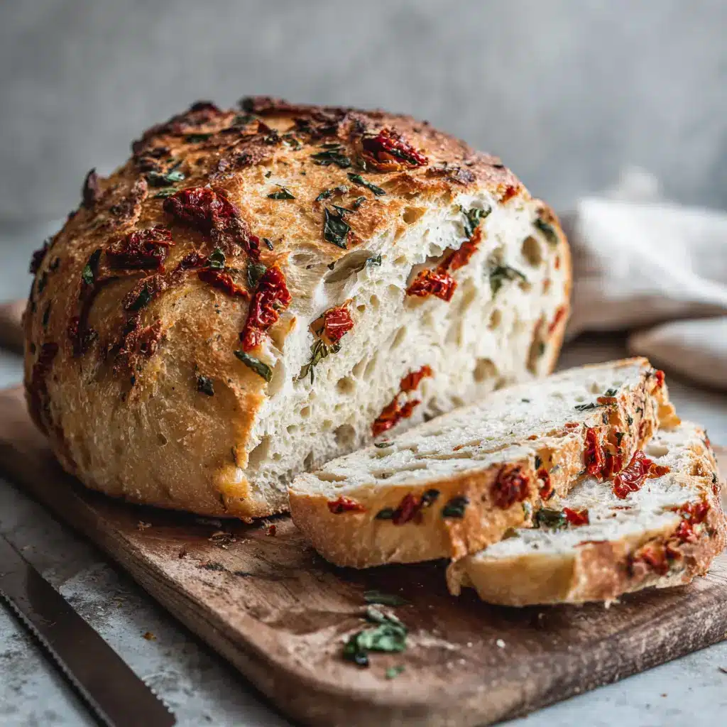 A close-up shot of the interior crumb of the savory tomato basil bread, highlighting its soft texture and the even distribution of tomato and basil.