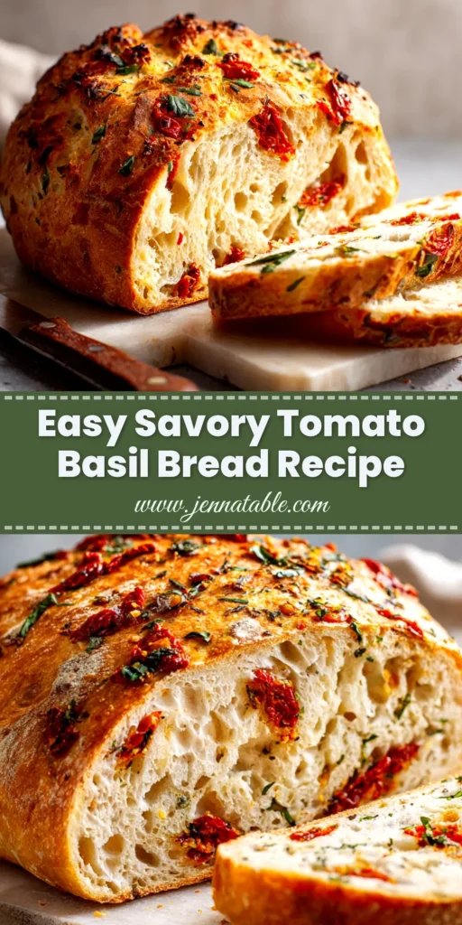 A beautiful golden-brown loaf of savory tomato basil bread, sliced to show the soft interior studded with pieces of tomato and basil.