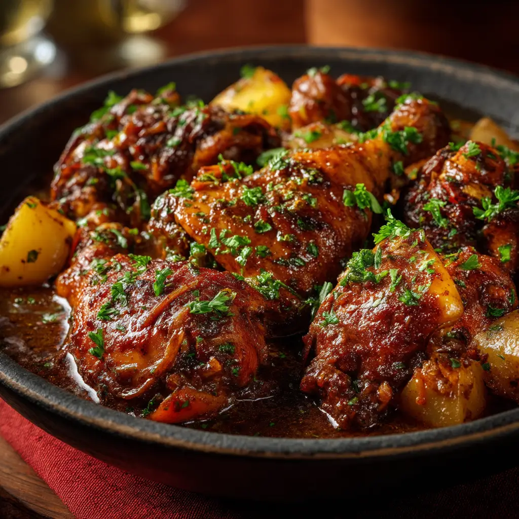 A close-up view of marinated chicken pieces being seared to a deep brown color in a cast iron pot for the stew chicken recipe.