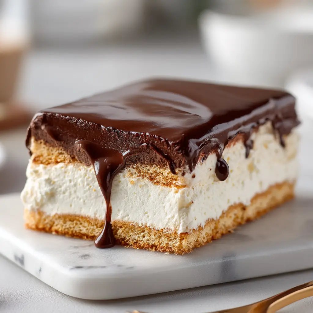 Chocolate Eclair Cake: The Ultimate No-Bake Dessert Recipe 1 A spatula lifting a perfect slice of layered eclair cake from the baking dish, revealing the distinct layers of graham crackers and vanilla cream filling.