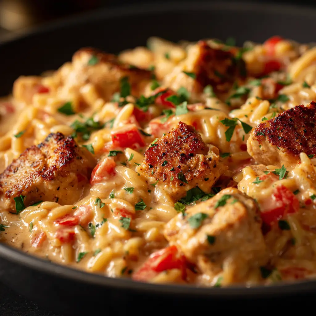 Cajun Chicken Alfredo Orzo: A Creamy, One-Pot Wonder 1 A spoonful of spicy chicken pasta being lifted from a skillet, showing the rich and velvety Alfredo sauce.