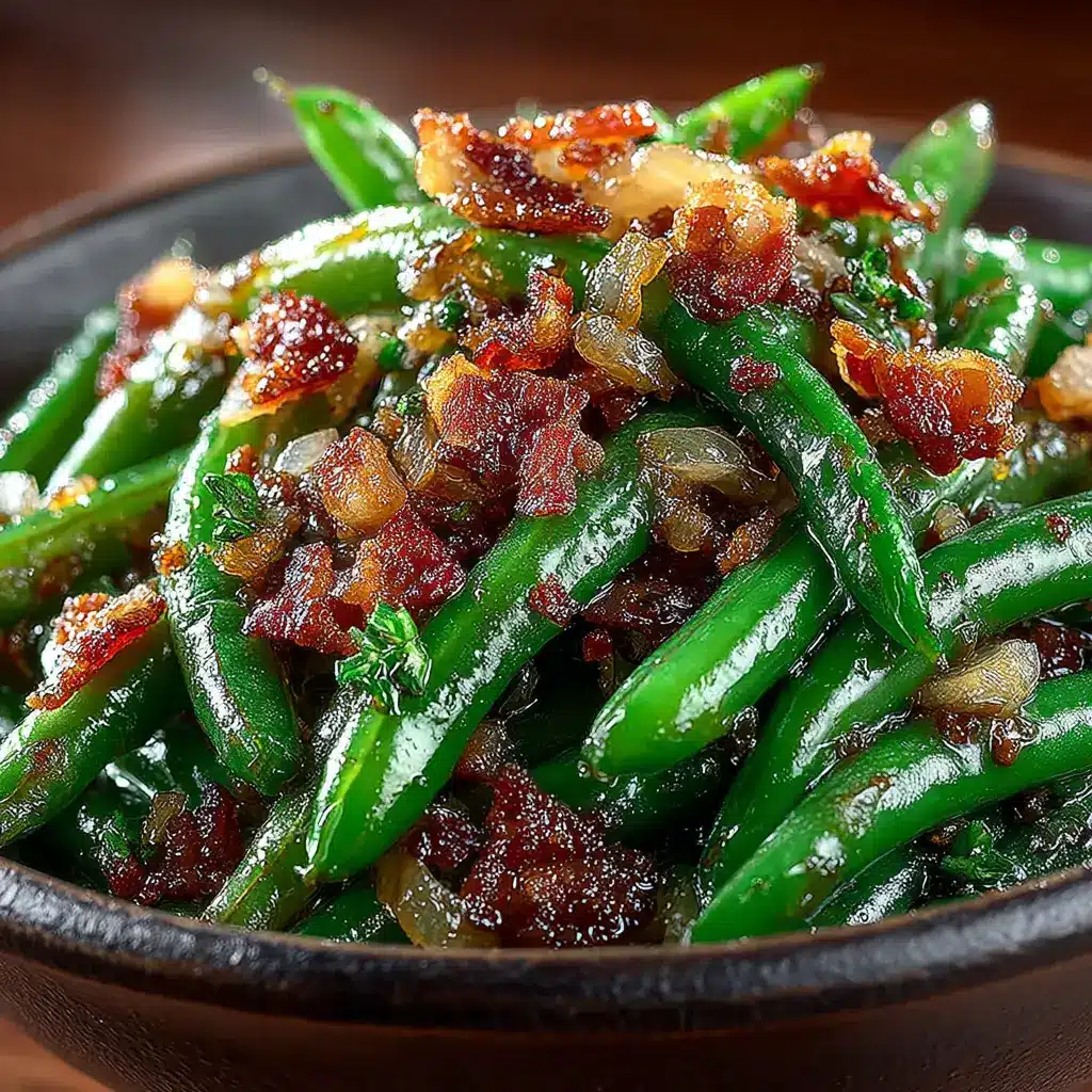 A serving spoon scooping up a portion of baked Crack Green Beans from a casserole dish, ready to be served.