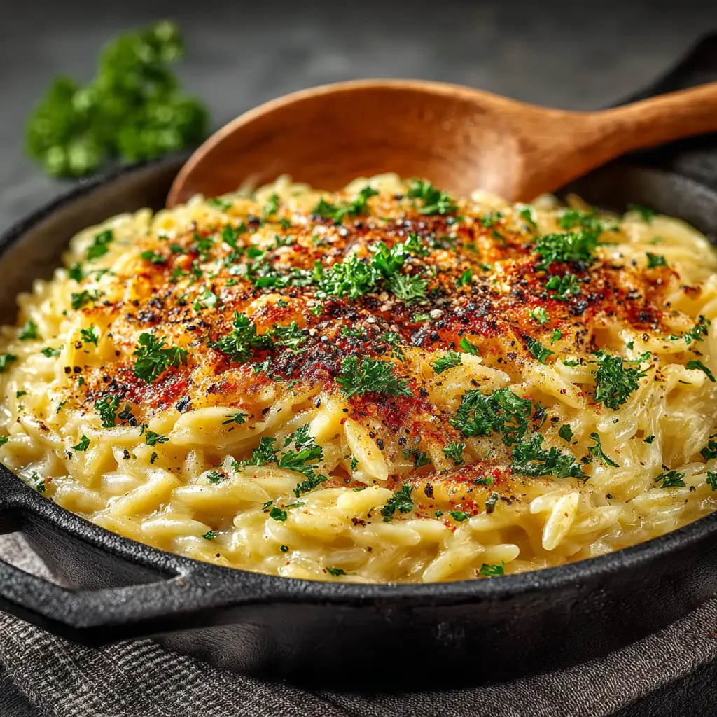 A spoonful of creamy garlic parmesan orzo being lifted from a skillet, showcasing the cheesy, saucy consistency.
