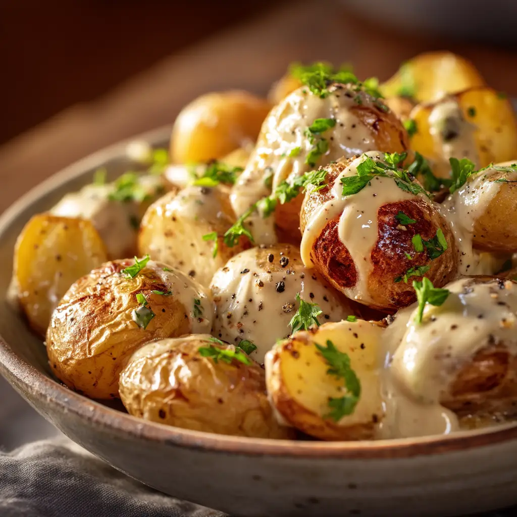 A spoonful of creamy garlic potatoes being lifted from a serving dish, showcasing the tender texture of the potatoes.
