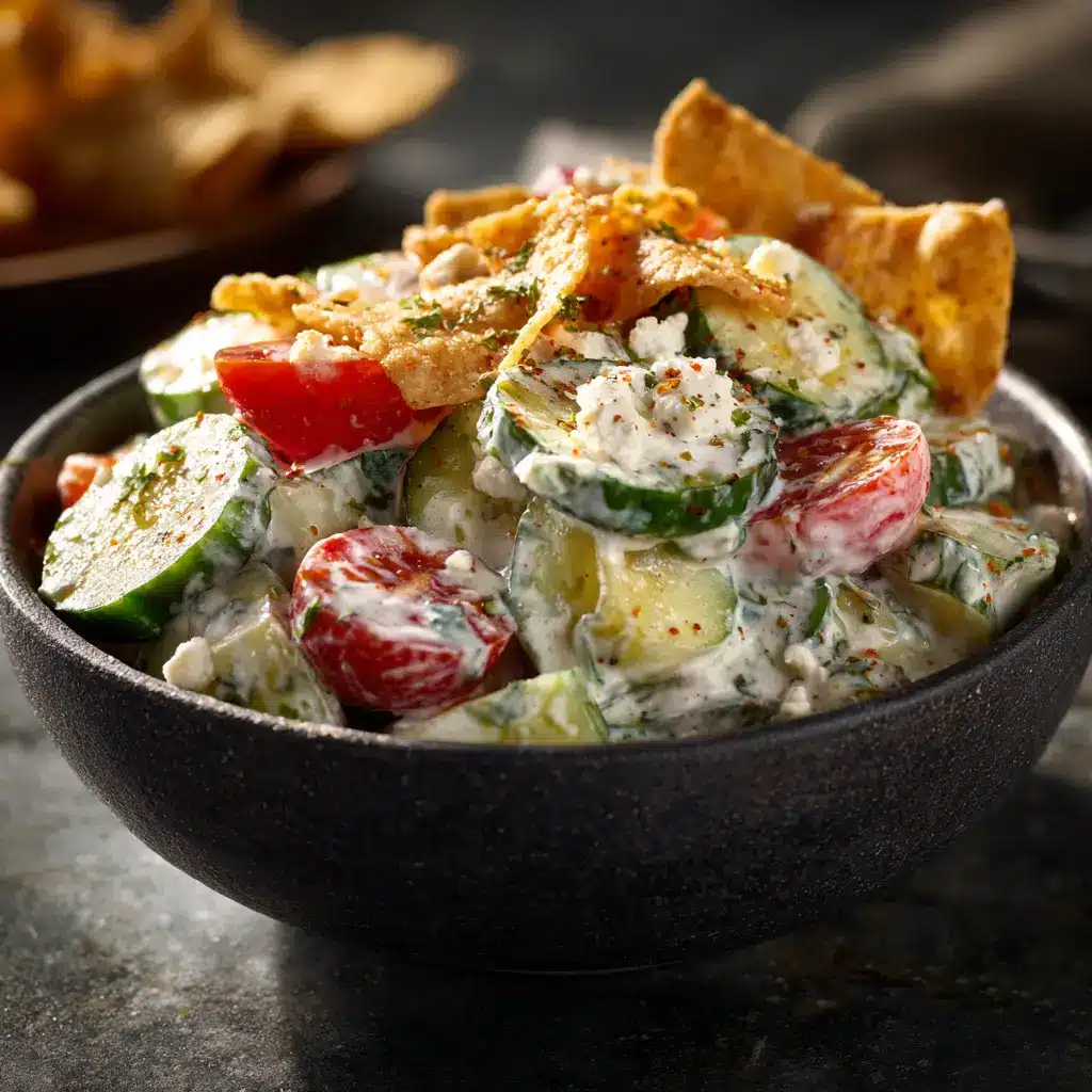 A spoonful of cucumber ranch salad being lifted from a serving bowl, illustrating the creamy texture and fresh dill.