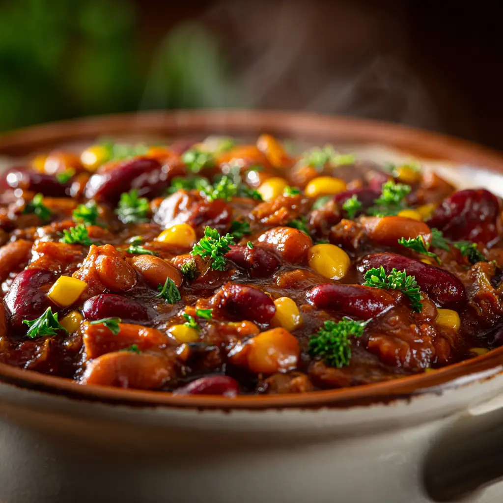 A spoonful of easy cowboy beans being lifted from a slow cooker, showcasing the thick and savory sauce.