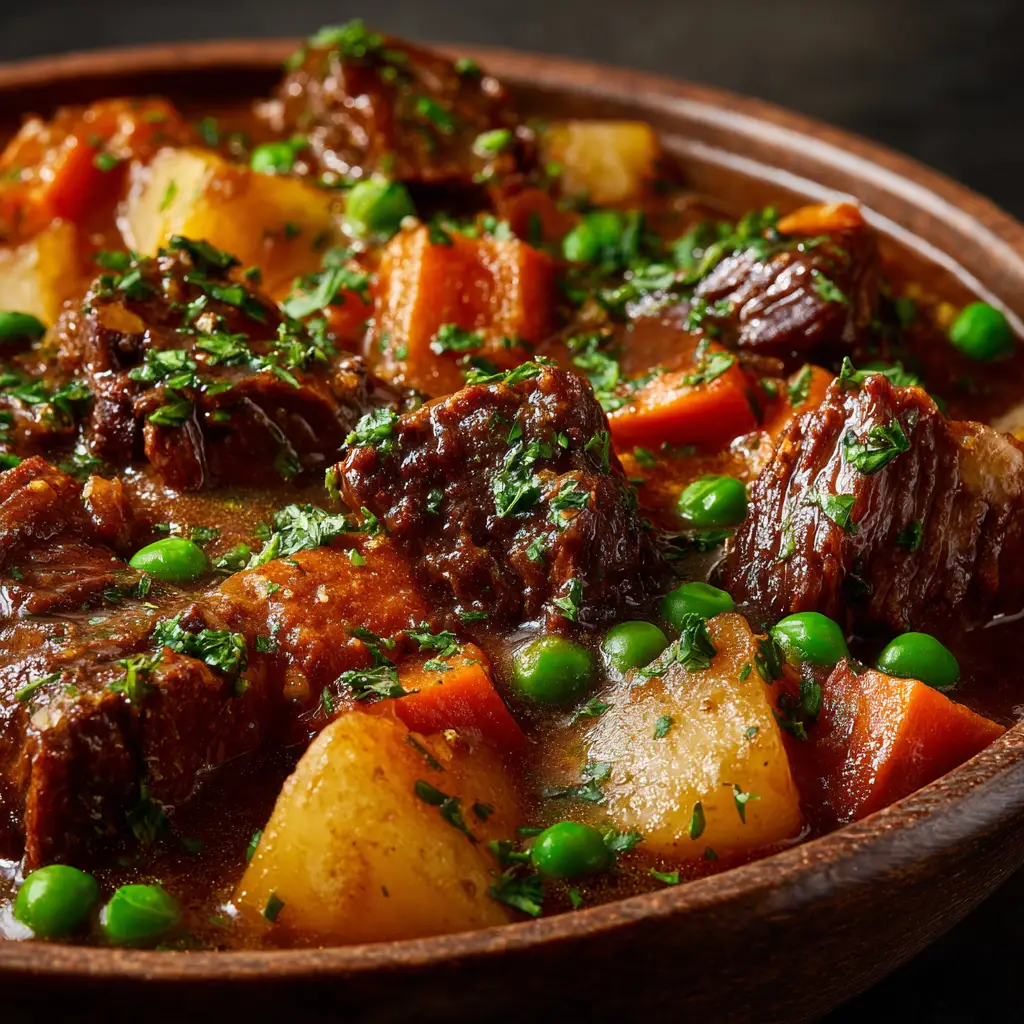 A spoonful of healthy beef stew being lifted from a bowl, showing the rich texture and ingredients like beef, tomatoes, and olives.