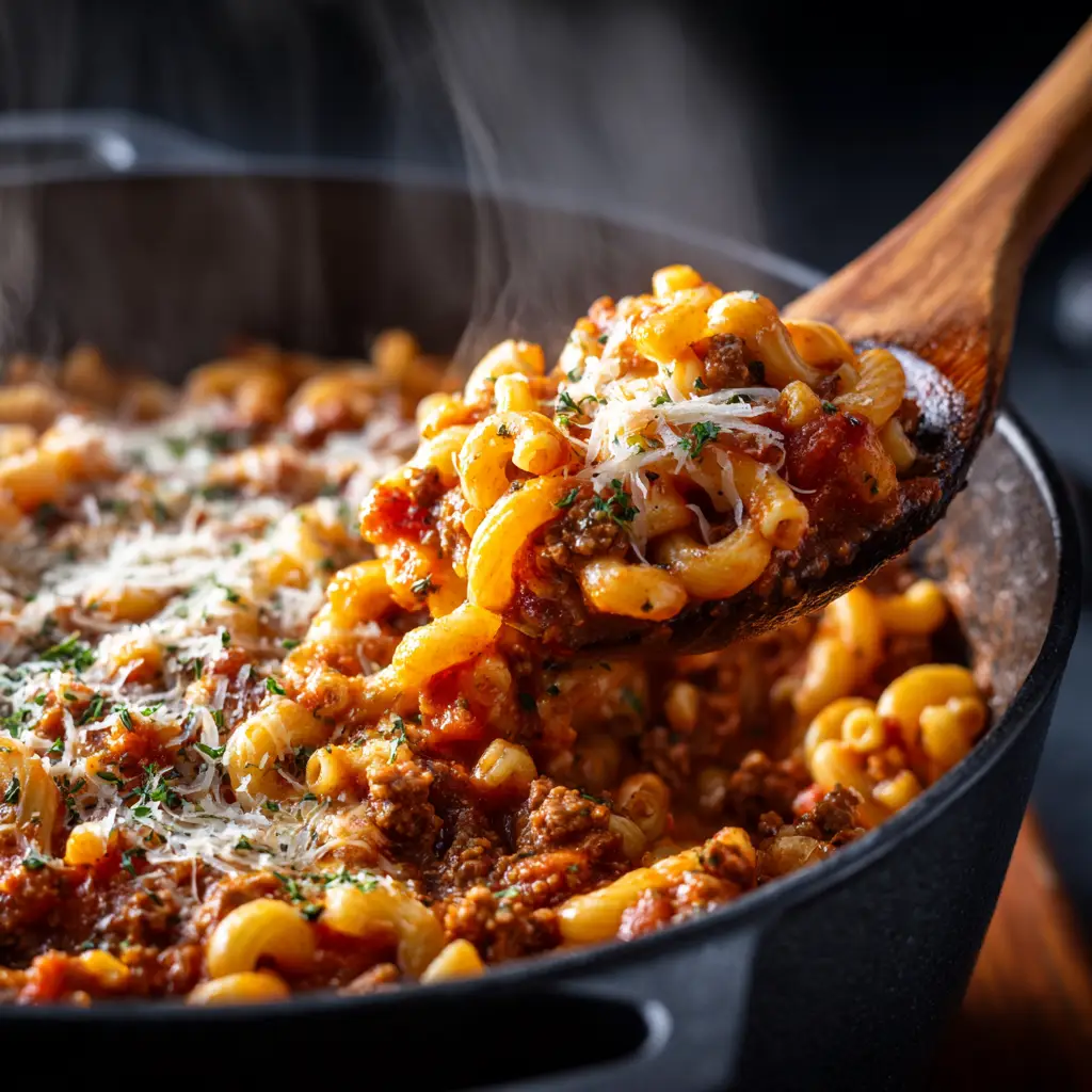 A spoonful of homemade goulash being lifted from a pot, highlighting the cheesy, stringy texture.