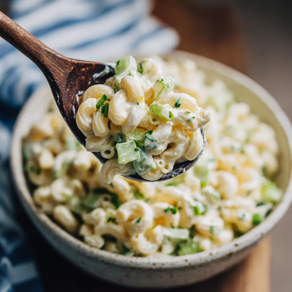 Macaroni Salad Recipe (The Best Creamy & Classic) 1 A spoonful of homemade macaroni salad being lifted from a bowl, showcasing the combined ingredients like pasta, egg, and celery.