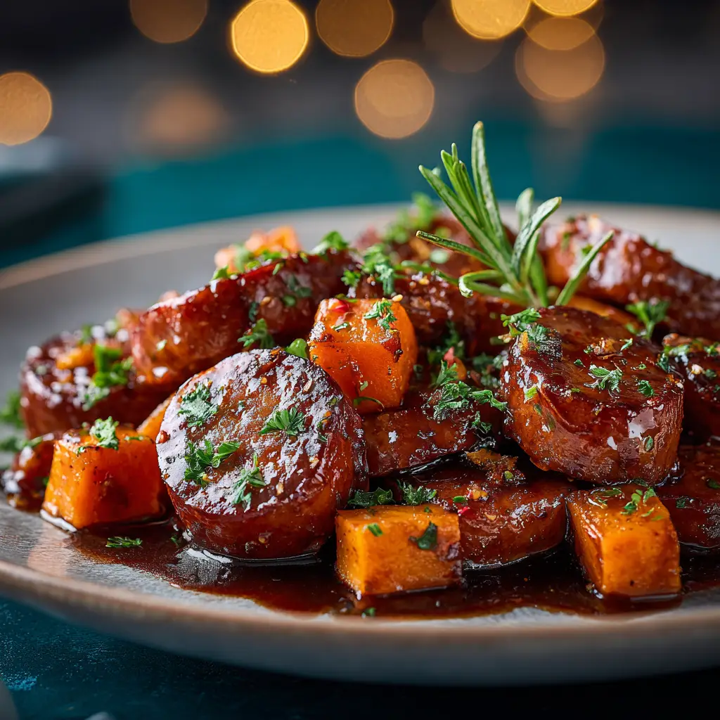 Honey Garlic Sausage: The Ultimate 20-Minute Skillet Dinner 1 A serving of honey garlic sausage being scooped from a skillet, showing the thick, sticky sauce coating each piece.