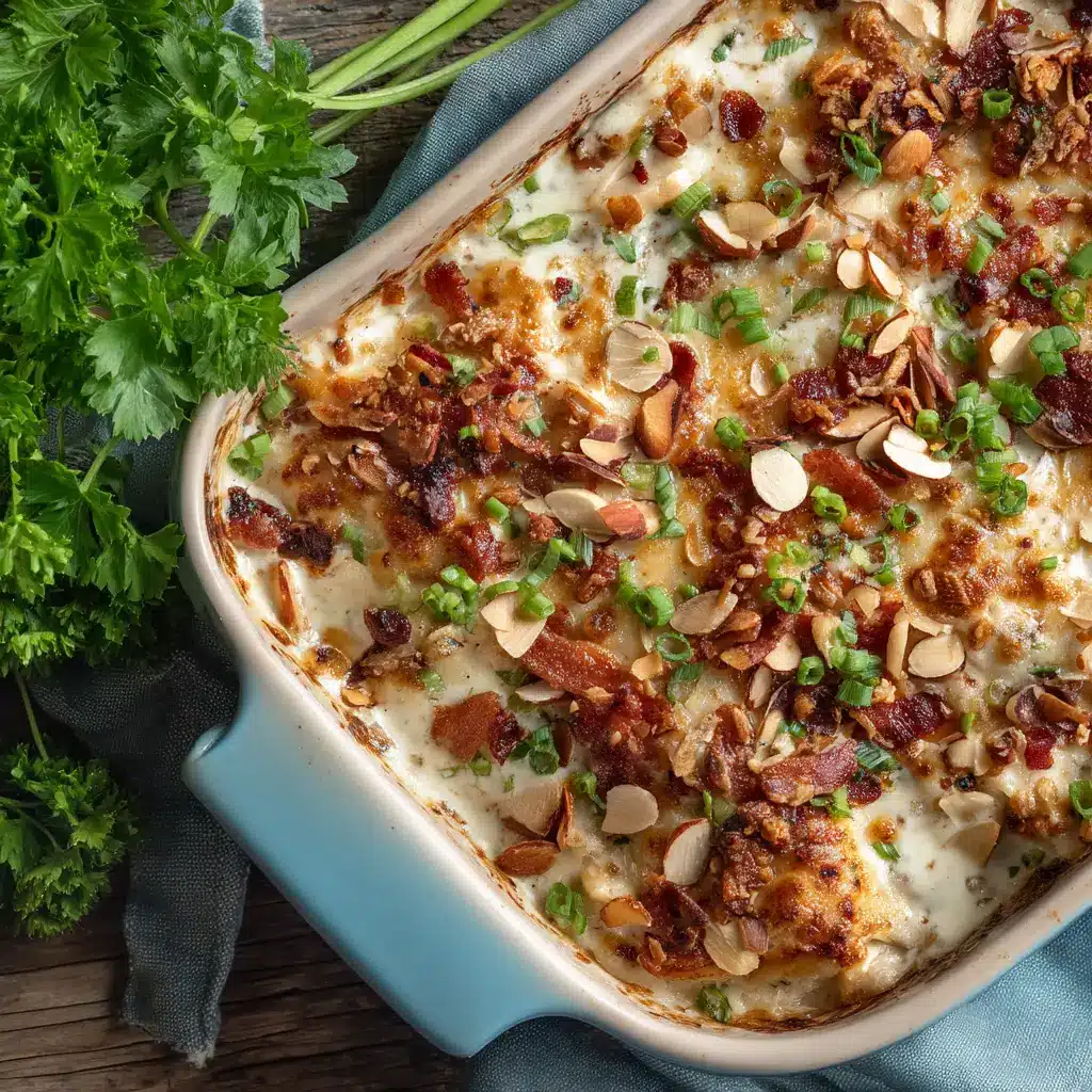 Neiman Marcus Chicken Casserole (The Original Copycat Recipe) 1 A scoop of the cheesy chicken casserole being lifted from the baking dish, showing the creamy texture and tender chicken inside.
