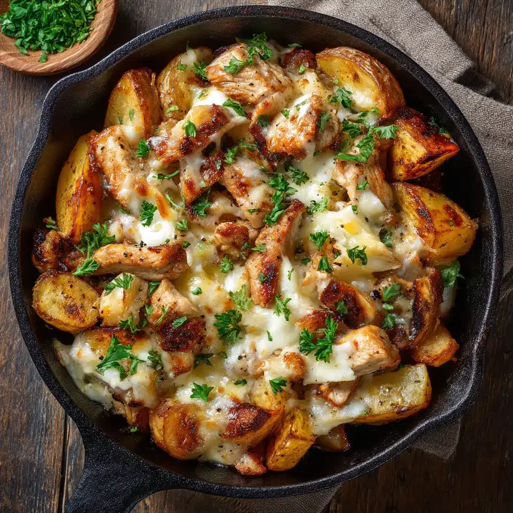 A detailed shot of the Crockpot Garlic Parmesan Chicken and Potatoes being served, with a spoon lifting a piece of tender chicken and a potato from the pot.