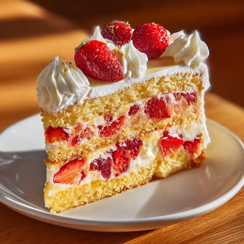 Strawberry Custard Cake Recipe (The Ultimate Guide) 1 A delectable slice of fresh strawberry cake being lifted from the main cake, showing the soft sponge and creamy filling.