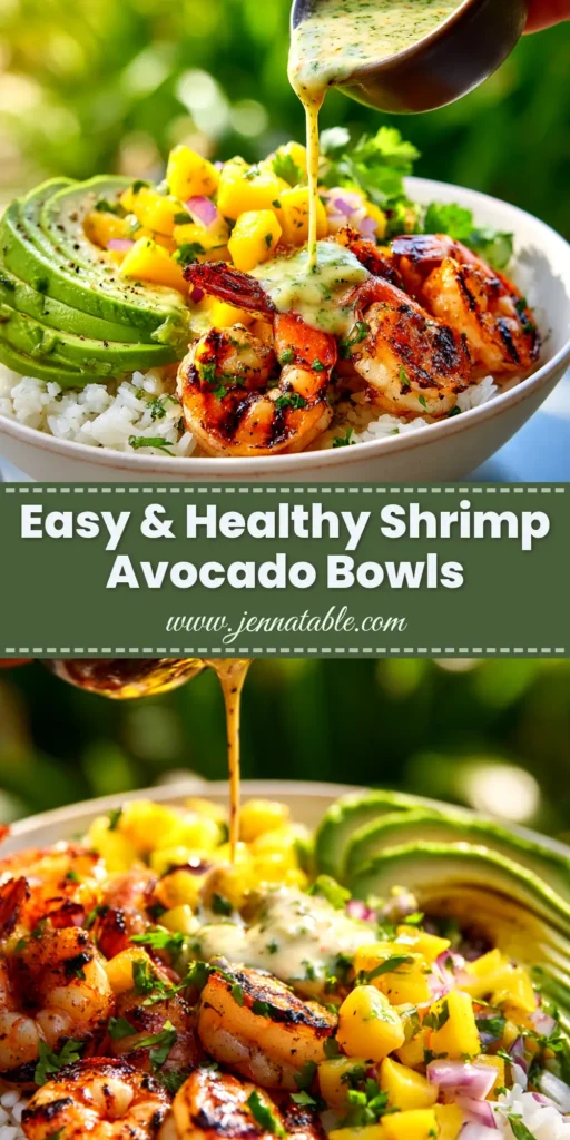 A vibrant and healthy Shrimp and Avocado Bowl with perfectly cooked shrimp, creamy avocado, cherry tomatoes, and a zesty lime dressing.