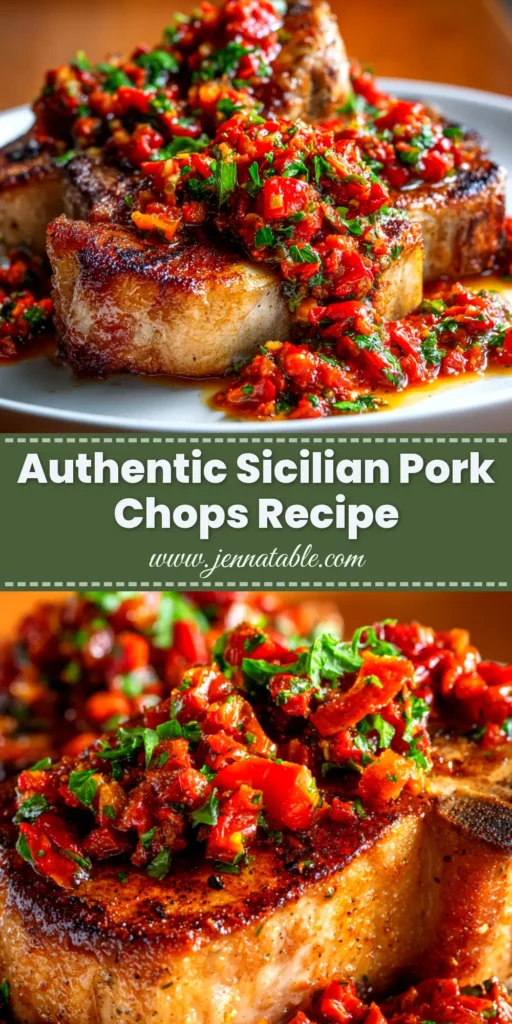 A platter of Sicilian pork chops in a rustic red sauce with bell peppers and onions, garnished with fresh herbs. The perfect easy Italian dinner recipe.