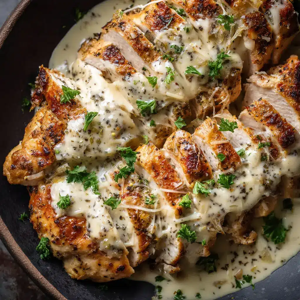 A close-up shot of a single serving of Caesar chicken on a plate, garnished with herbs and ready to eat.