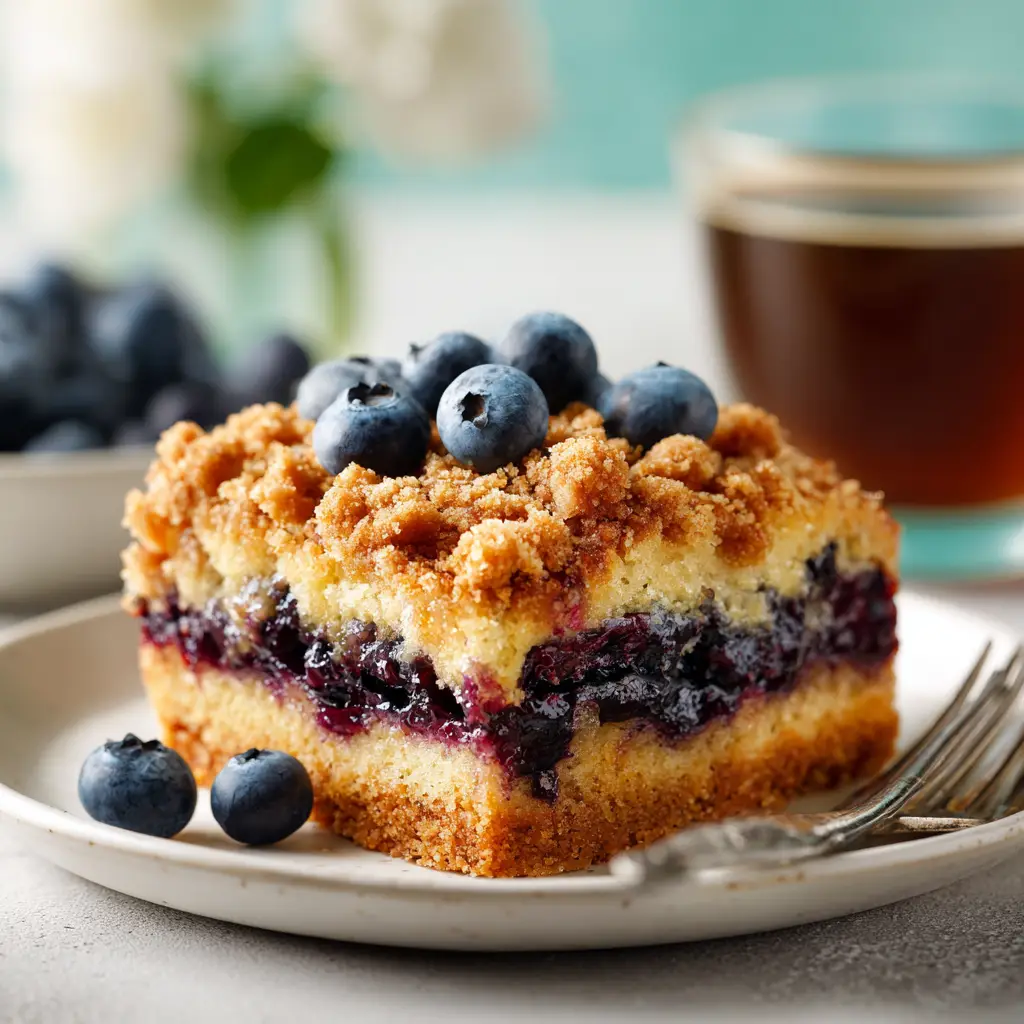 A perfect square slice of moist blueberry coffee cake on a white plate, showcasing the juicy blueberries and crumb topping.