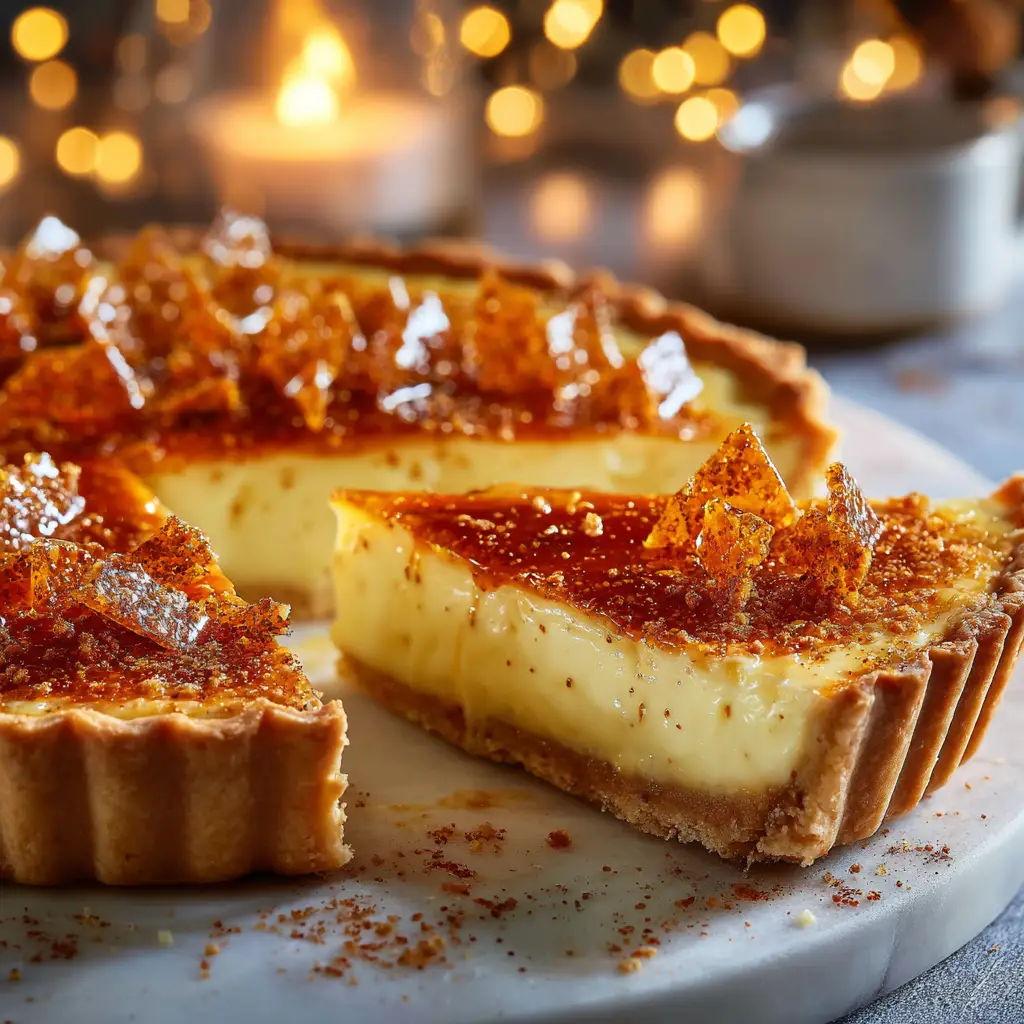 Eggnog Crème Tart: The Ultimate Holiday Dessert Recipe 2 A single slice of homemade eggnog tart on a white plate, showing the creamy eggnog custard filling and crisp, spiced crust.