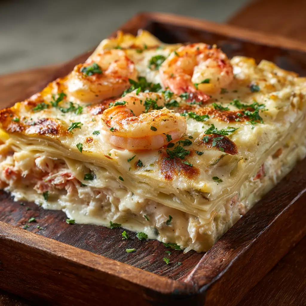 Seafood Lasagna (The Ultimate Creamy Recipe) 2 A thick slice of seafood lasagna with a creamy white sauce, served on a plate and ready to eat.