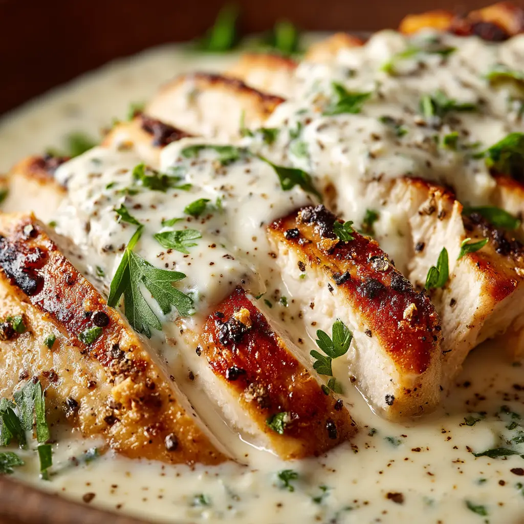 Caesar Chicken: Your New Favorite 30-Minute Dinner 2 A close-up shot of sliced Caesar chicken, showcasing its juicy texture and creamy sauce coating. A perfect example of a quick weeknight chicken dinner.