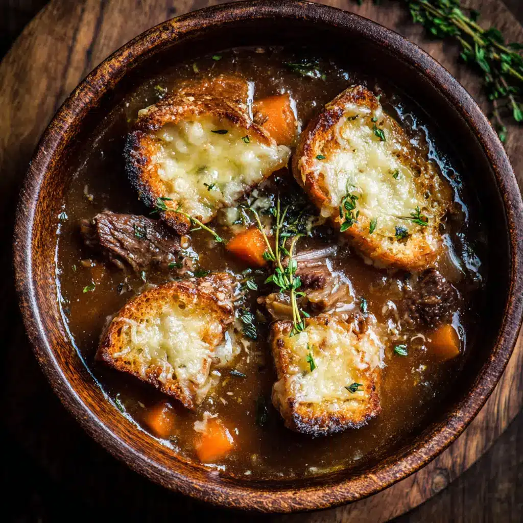 A bowl of slow-cooked short rib soup topped with a perfectly melted Gruyère cheese crouton.