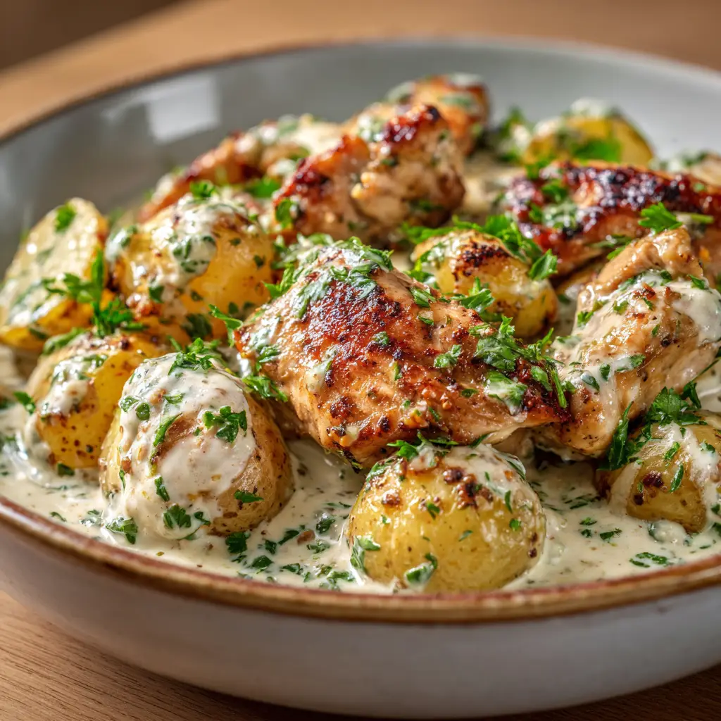 Crockpot Chicken and Potatoes (Creamy Garlic Herb) 2 An extreme close-up of slow cooker chicken and potatoes, showing the texture of the tender chicken and the rich, creamy sauce coating a piece of potato.