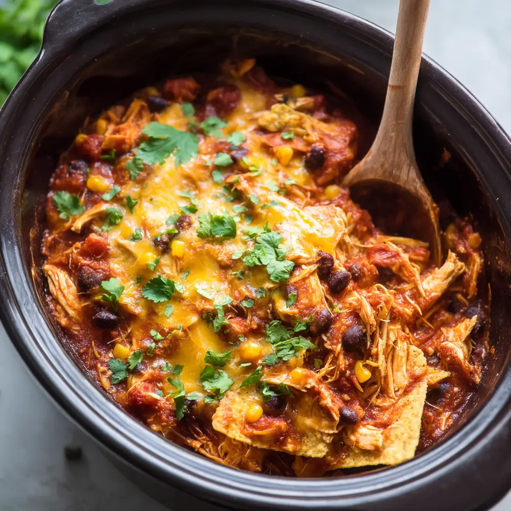 A scoop of slow cooker chicken enchilada casserole on a white plate, showing the layers of chicken, corn, beans, and tortillas.