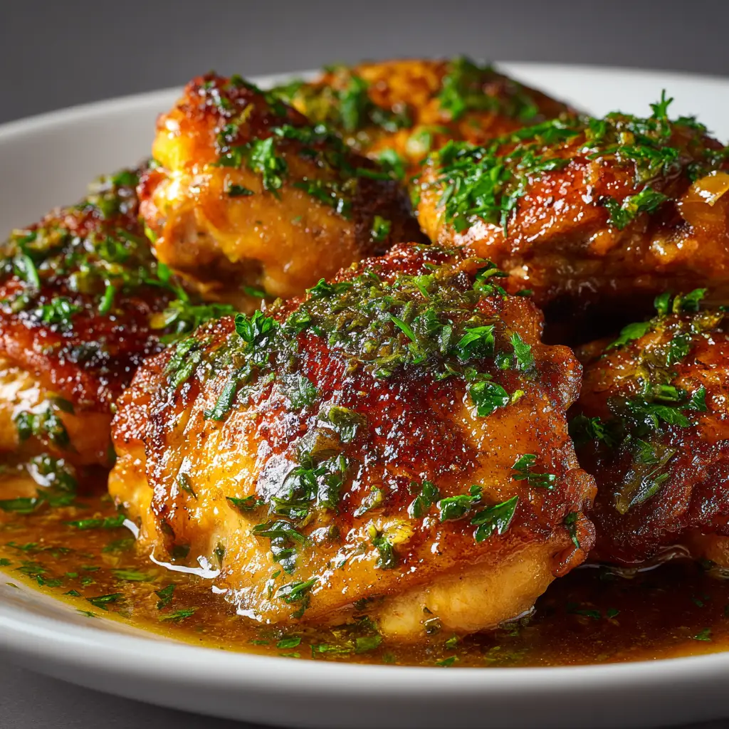 Crock Pot Chicken Thighs (So Tender & Juicy!) 2 An extreme close-up of a perfectly cooked slow cooker chicken thigh, showing the juicy meat and golden-brown, crispy skin after broiling.