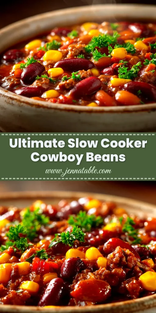 A beautiful overhead shot of Slow Cooker Cowboy Beans in a white bowl, ready to be served. The perfect hearty and easy recipe for dinner.