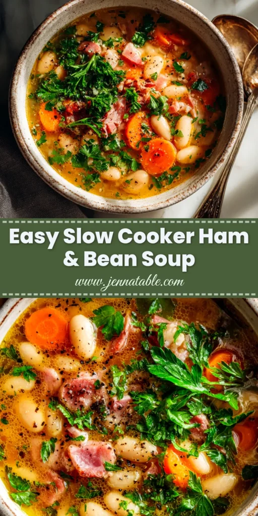 Slow Cooker Ham and Bean Soup (The Ultimate Comfort Food) 4 A warm bowl of Slow Cooker Ham and Bean Soup, garnished with fresh parsley. This hearty crock pot recipe is perfect for a comforting and easy dinner.