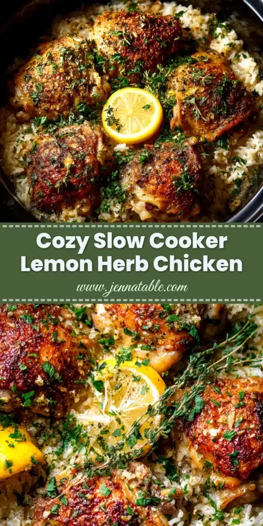An overhead shot of a perfectly cooked Slow Cooker Lemon Herb Chicken, garnished with fresh lemon slices and herbs, ready to be served.
