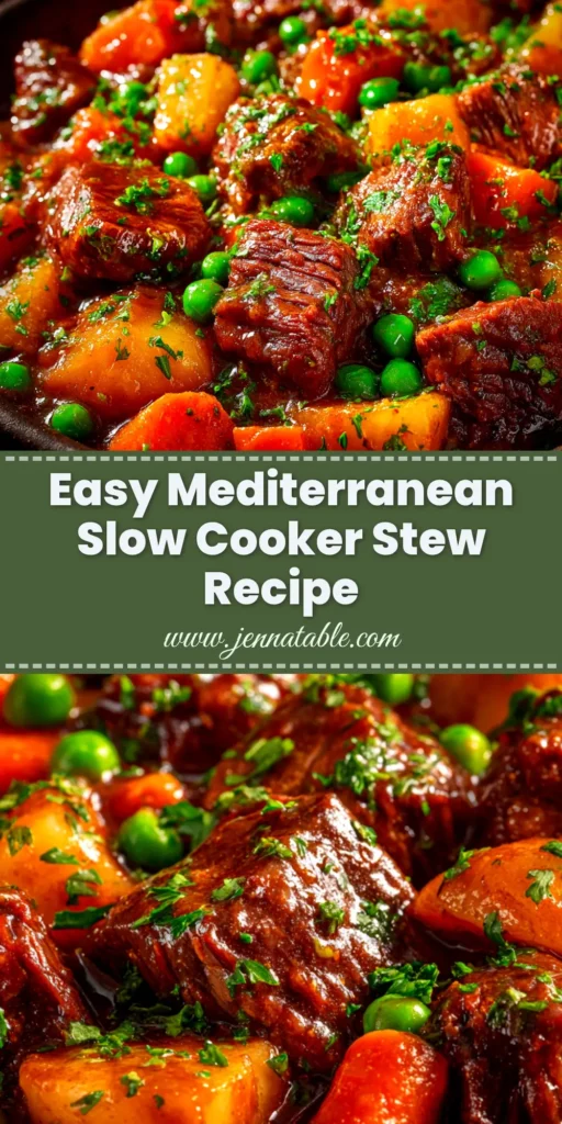 A delicious bowl of Slow Cooker Mediterranean Beef Stew garnished with feta and parsley, ready to be pinned. This crock pot recipe is healthy, easy, and full of flavor.