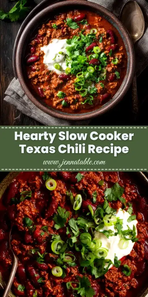 A rich bowl of Slow Cooker Texas Chili, full of tender beef and topped with shredded cheese and fresh cilantro. The ultimate no-beans chili recipe.